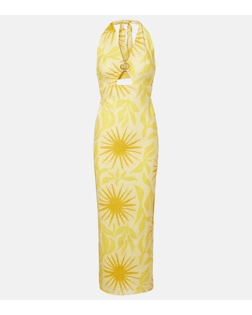 Cala De La Cruz Metallic Orly Printed Cutout Linen Midi Dress