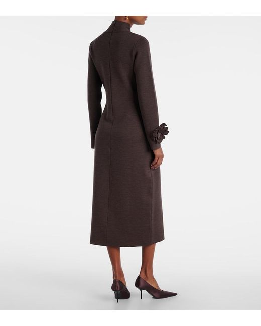 Oscar de la Renta Brown Floral-Applique Wool-Blend Midi Dress