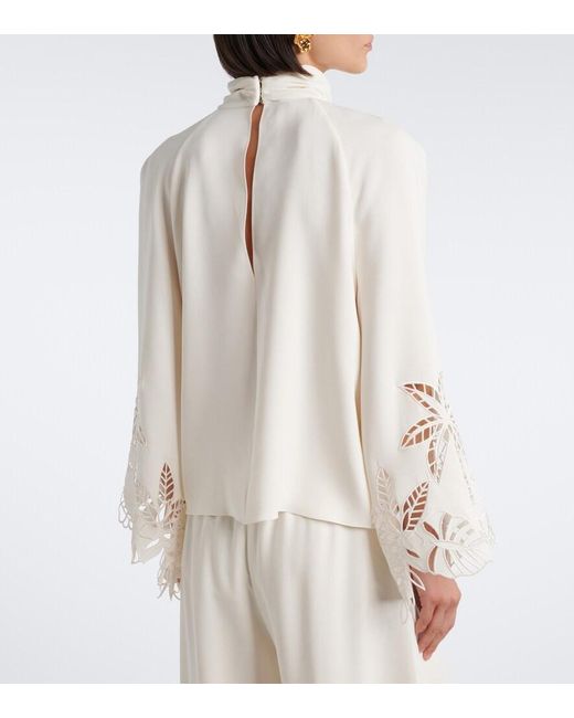 Oscar de la Renta White Embroidered Silk-Blend Georgette Blouse