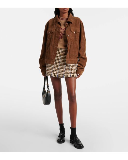 Prada Natural Fringed Houndstooth Wool-blend Miniskirt