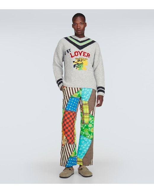 ERL Green Printed Cotton-Blend Flared Pants for men