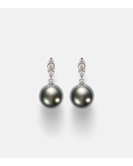 Pendientes De Oro Blanco De 18 Ct Con Perlas Y Diamantes Mikimoto de color White