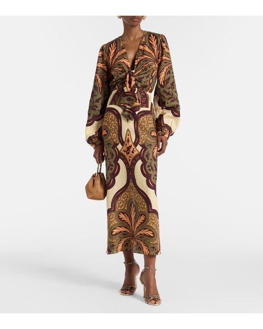 Johanna Ortiz Natural Across Paradise Printed Linen Midi Dress