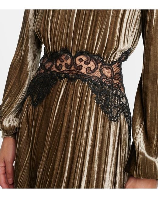 Costarellos Gray Senna Lace-Trimmed Plisse Velvet Gown