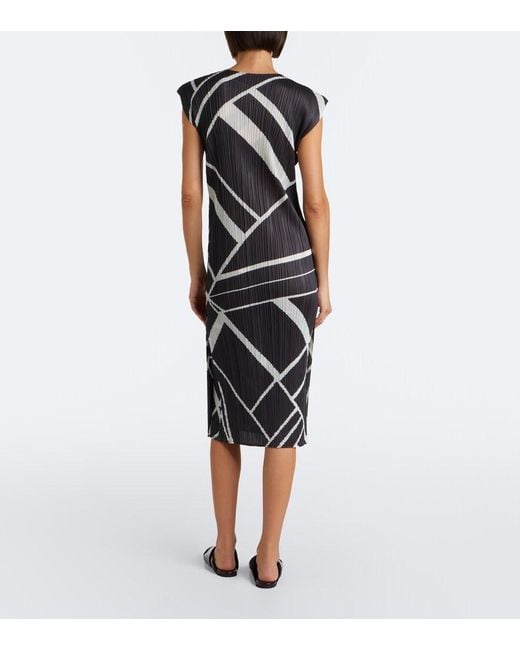 Pleats Please Issey Miyake Black Fold Line Pleated Printed Midi Dress