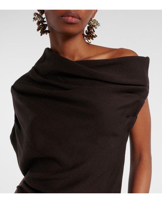 Staud Brown Mabel One-Shoulder Wool Maxi Dress