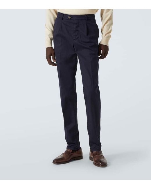 Brunello Cucinelli Blue Cotton-Blend Gabardine Slim Pants for men