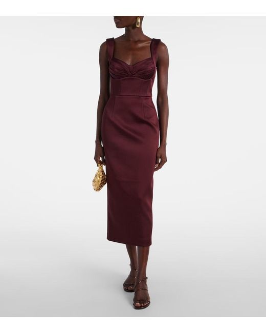 Rebecca Vallance Purple Merlot Ruched Satin Midi Dress