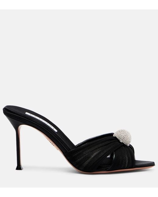 Aquazzura Black Mystery 85 Embellished Leather-Trimmed Satin Mules