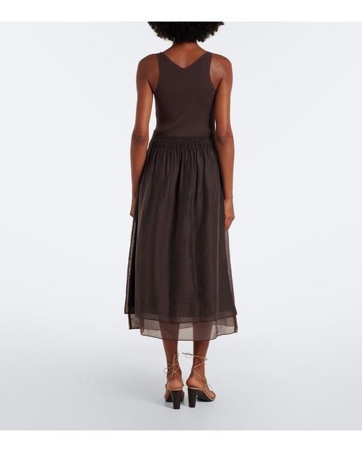 Vince Brown Shirred Ribbed-Knit Midi Dress