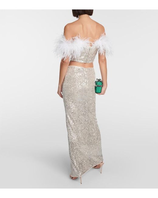 Self-Portrait White Sequined Feather-Trimmed Crop Top