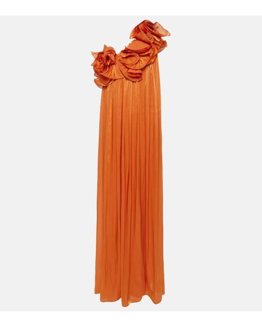 Costarellos Orange One-shoulder Appliquéd Lamé Gown