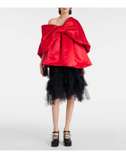 Simone Rocha Red Bow-detail Off-shoulder Satin Top