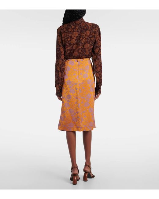 Dries Van Noten Orange Floral Satin Jacquard Midi Skirt