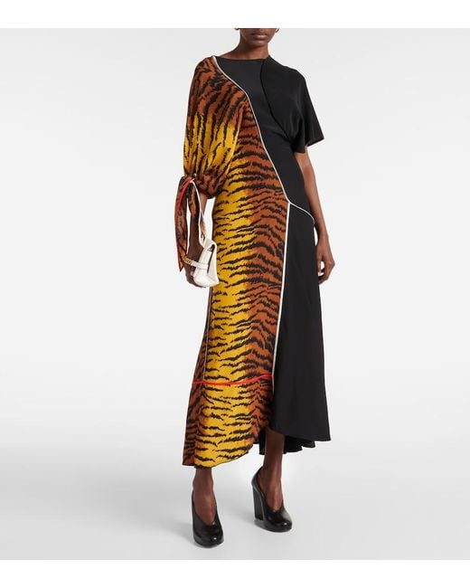 Victoria Beckham Black Asymmetric Animal-Print Silk Maxi Dress