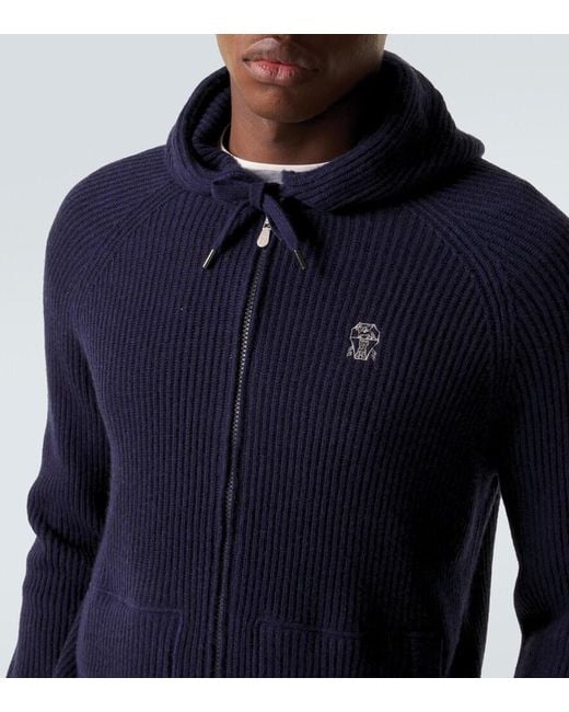 Brunello Cucinelli Blue Ribbed-Knit Cashmere Zip-Up Cardigan for men