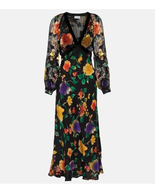Rixo Black Ayla Floral-Print Silk Midi Dress