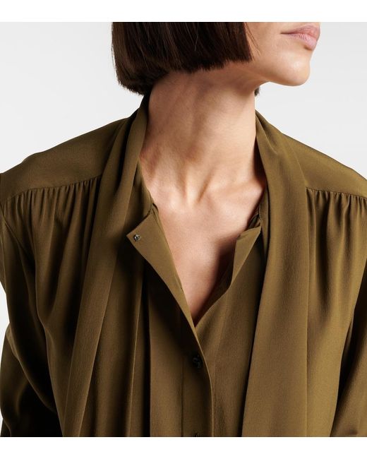 Saint Laurent Green Tie-Neck Silk Crepe De Chine Blouse