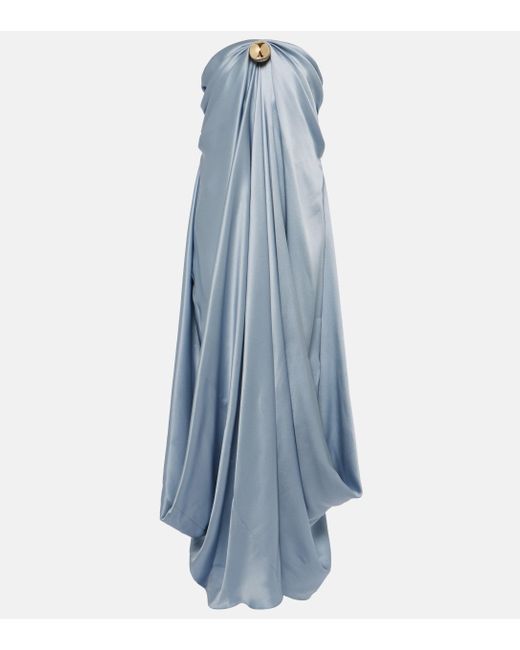 Loewe Blue Draped Strapless Silk Satin Gown