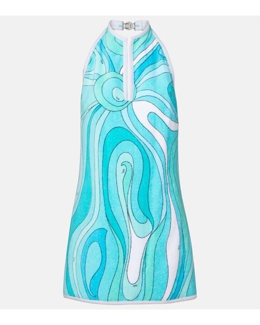 Emilio Pucci Blue Iride Halterneck Cotton Terry Minidress