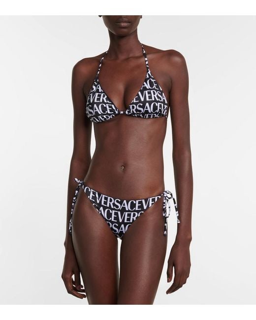 Versace Black Logo Print Halterneck Bikini Top