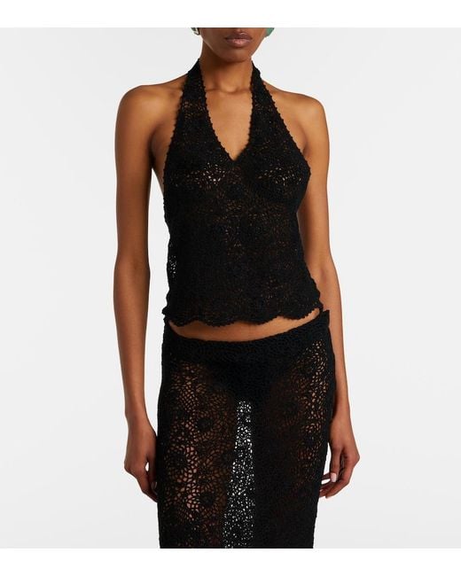 Nili Lotan Black Ventura Crochet Halterneck Cotton Top