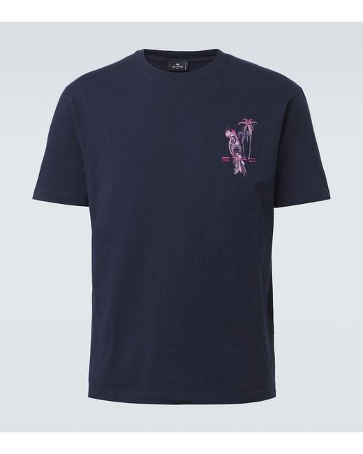 Etro Blue Printed Cotton Jersey T-Shirt for men