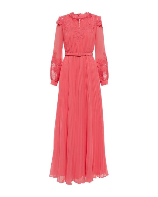 Self-Portrait Guipure Lace-paneled Chiffon Gown in Pink | Lyst Canada