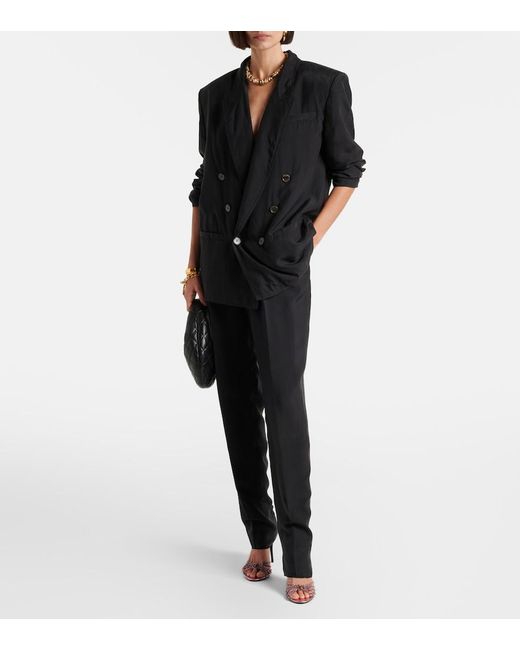 Saint Laurent Black Pleated Silk Straight Pants