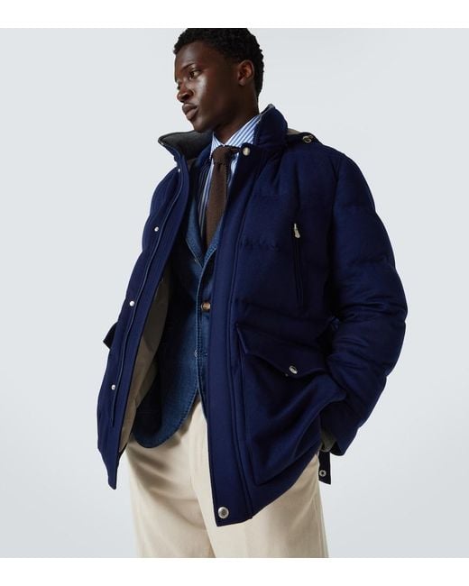 Brunello Cucinelli Blue Wool Flannel Down Jacket for men