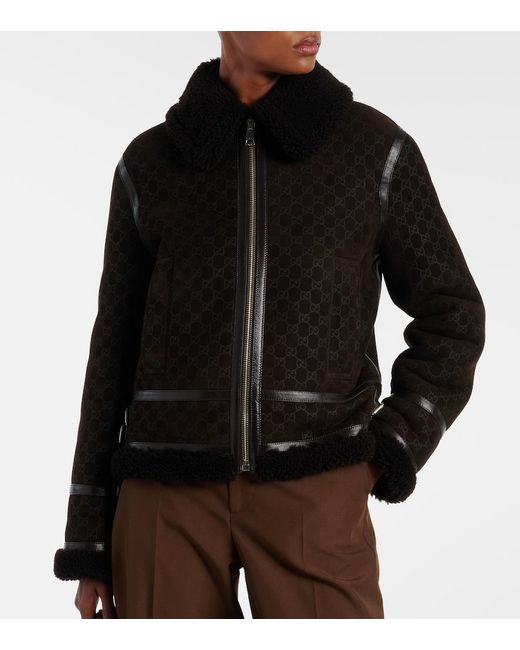 Gucci Black Gg Shearling-Trimmed Leather Jacket