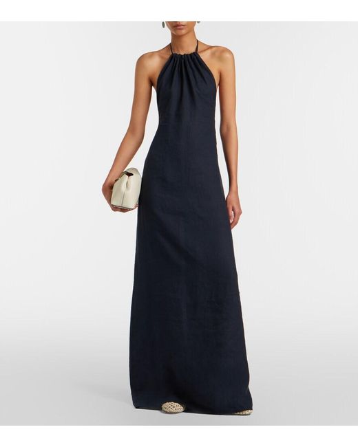 Nili Lotan Lelia Halterneck Linen Maxi Dress in Blue
