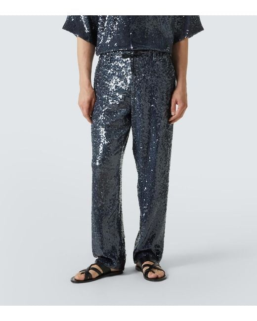 Dries Van Noten Blue Sequined Straight Pants for men