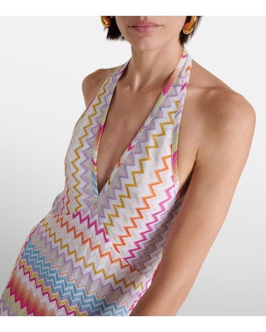 Missoni White Zig Zag Halterneck Lame Maxi Dress