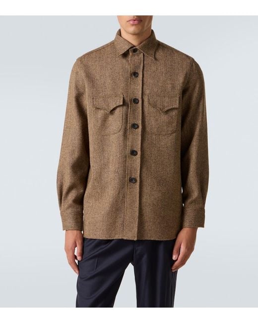 Rubinacci Brown Herringbone Wool Western Shirt for men