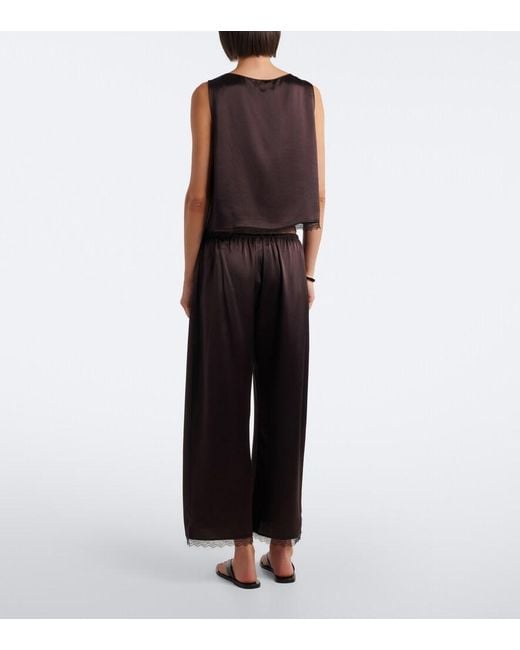 Leset Black Barb Lace-Trimmed Satin Wide-Leg Pants