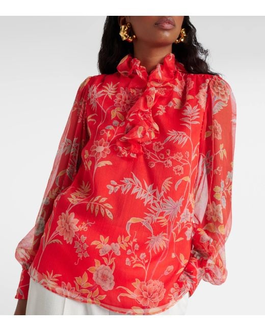 Etro Red Floral Ruffled Silk Blouse
