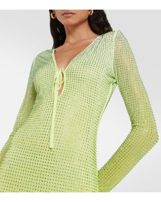 Self-Portrait Green Crystal-embellished Dégradé Stretch-mesh Midi Dress