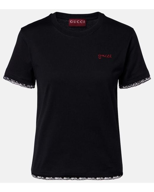 Gucci Black Embroidered Lace-Trimmed Cotton Jersey T-Shirt
