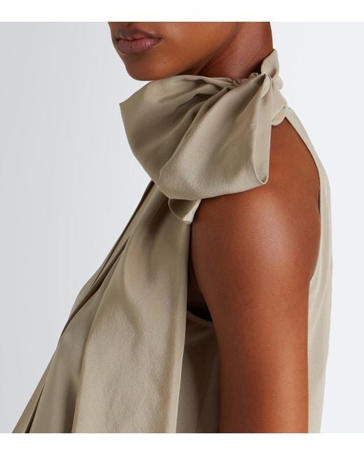 Max Mara Natural Pleated Tie-Neck Silk Crepe De Chine Top