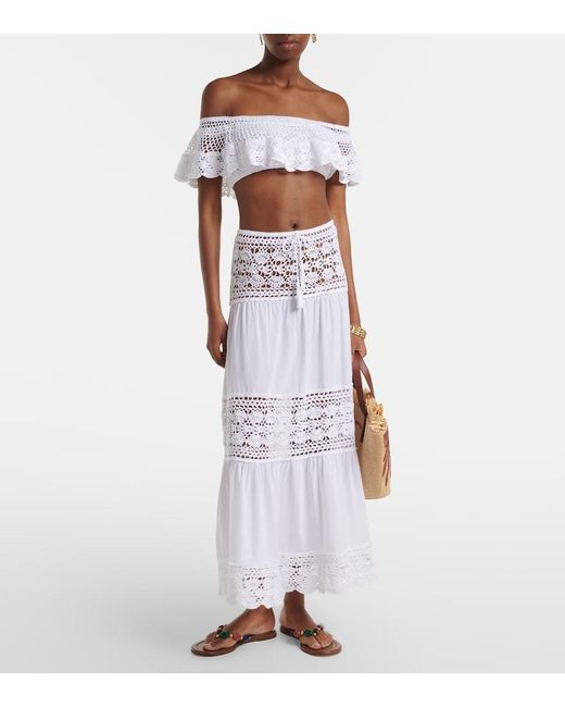 Anna Kosturova White Filigree Crochet-Trimmed Cotton Maxi Skirt