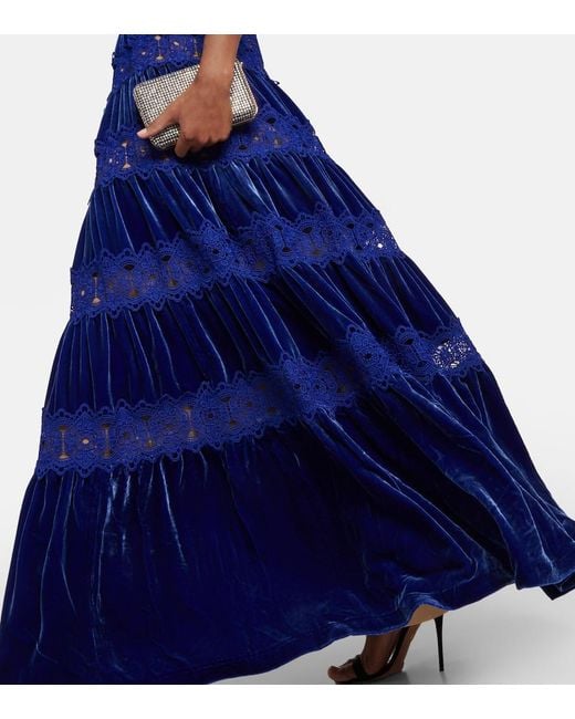 Costarellos Blue Lissie Lace And Velvet Gown