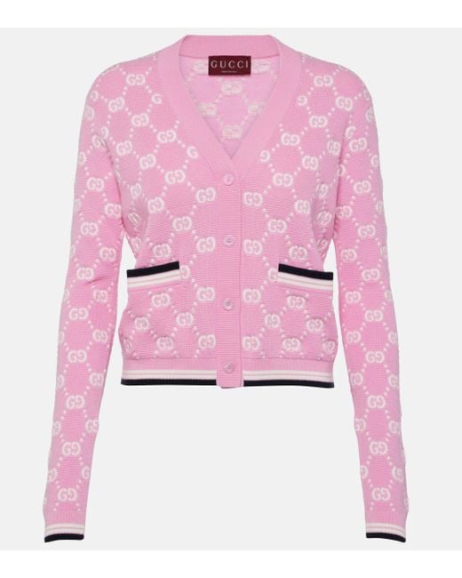 Gucci Pink Cotton Cardigan With Gg Intarsia