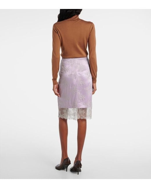 JACQUES WEI Purple Embroidered Leather-Trimmed Lace Midi Skirt