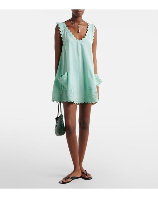 Juliet Dunn Blue Embroidered Scalloped Cotton Poplin Minidress