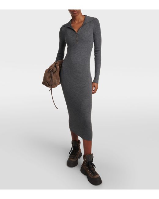 Brunello Cucinelli Gray Ribbed-knit Virgin Wool And Cashmere Midi Dress