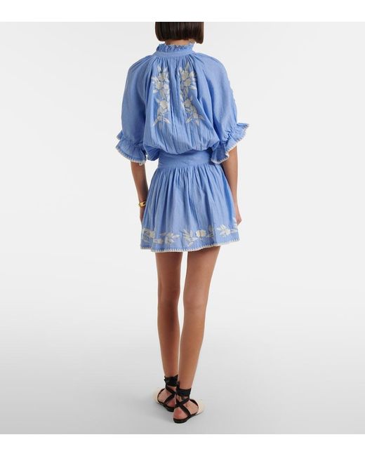 Juliet Dunn Blue Embroidered Cotton Chambray Minidress