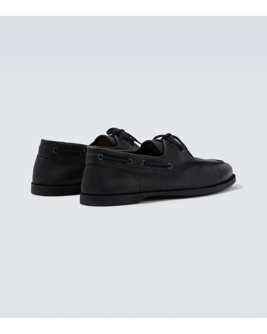 John Lobb Black Foil Leather Boat Shoes for men