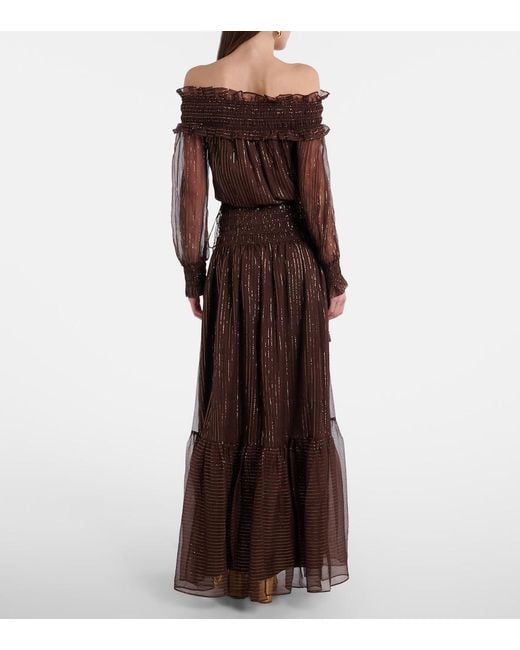 Self-Portrait Brown Shirred Silk-Blend Georgette Maxi Dress