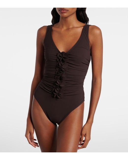 Karla Colletto Brown Tess Floral-Applique Swimsuit